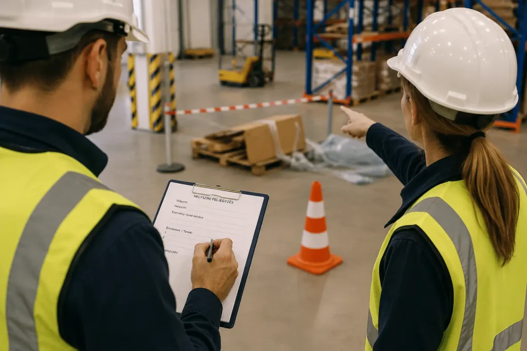 Munkabaleseti helyszín dokumentálása raktári környezetben, ahol munkavédelmi szakemberek rögzítik a körülményeket a jegyzőkönyv elkészítése előtt.