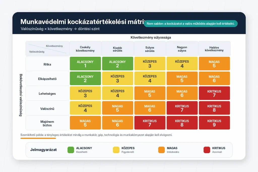 Magyar nyelvű munkavédelmi kockázatértékelési mátrix, amely a bekövetkezési valószínűség és a következmény súlyossága alapján mutatja a kockázati szinteket.