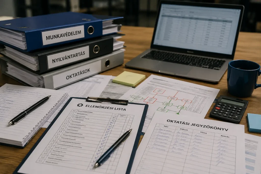 Munkavédelmi dokumentumok, ellenőrzési lista és Munkavédelmi nyilvántartások és ellenőrzési dokumentumok egy irodai asztalon.