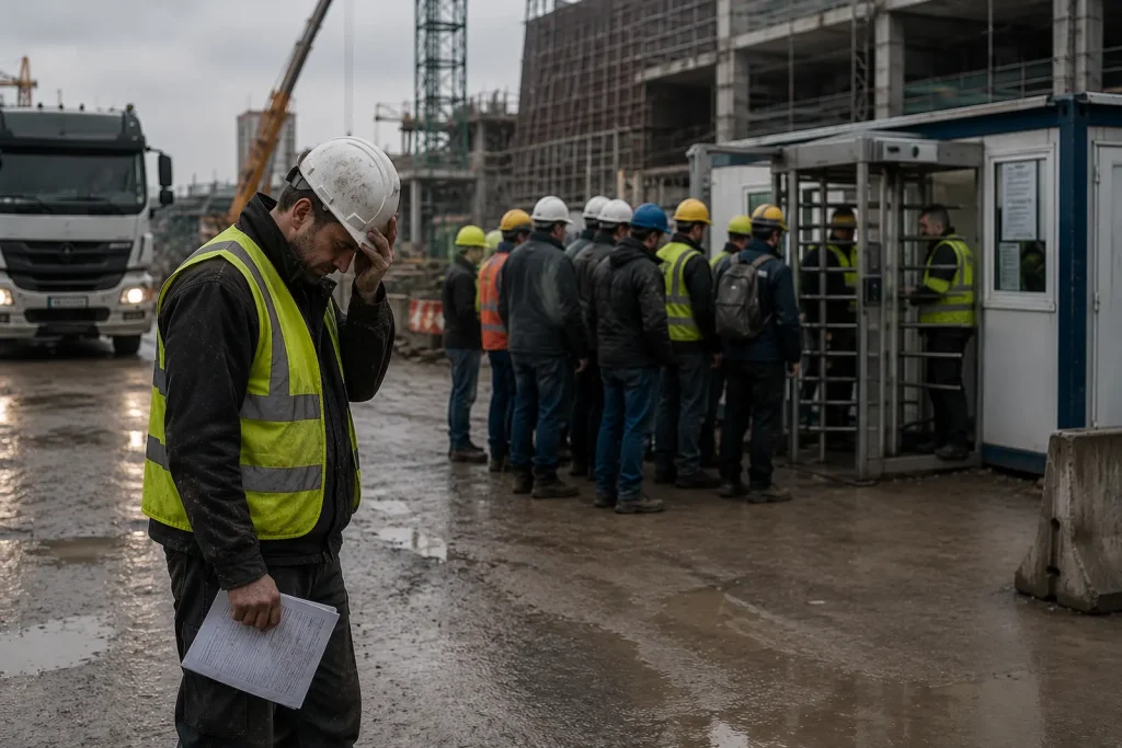 Frusztrált alvállalkozói vezető áll dokumentumokkal a kezében egy nagy építkezés beléptetési pontja előtt.