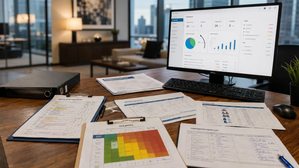Vezetői irodai asztalon munkavédelmi dokumentumok, kockázati mátrix, oktatási nyilvántartás és vezetői dashboard látható az ESG és munkavédelem kapcsolatának bemutatására.