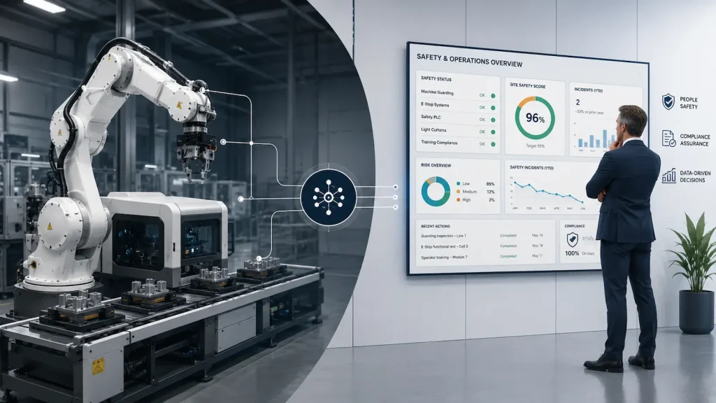 Modern ipari robotcella vonalas adatkapcsolatokkal, jobb oldalon vezetői munkavédelmi dashboardot figyelő üzemi vezetővel.