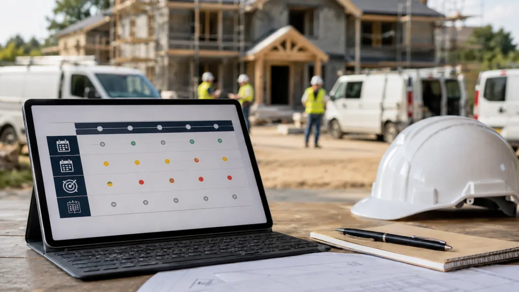 Építési projekt munkavédelmi kontrollját bemutató tablet, sisak és jegyzet egy rendezett családi ház építkezés előterében.