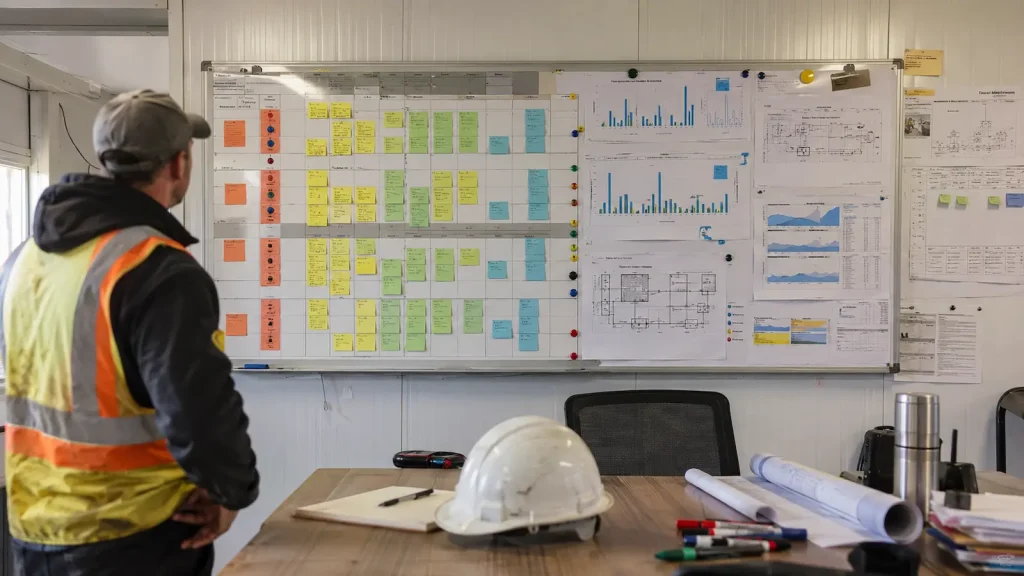 Lean projektirányítási tábla építési projekt irodájában, színes cetlikkel, diagramokkal és munkaterületi dokumentumokkal.