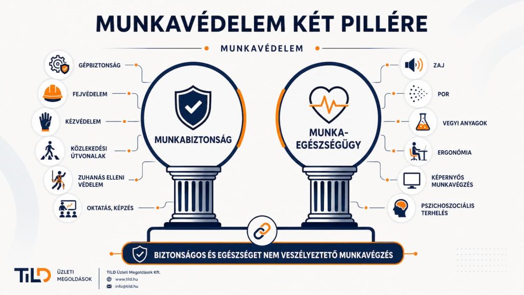 Infografika a munkavédelem két fő területéről: munkabiztonság és munkaegészségügy.