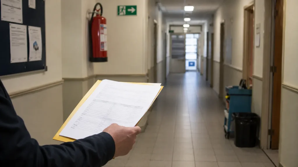 Intézményi folyosó tűzoltó készülékkel, menekülési útvonaljelzéssel és ellenőrző dokumentációt tartó kézzel.