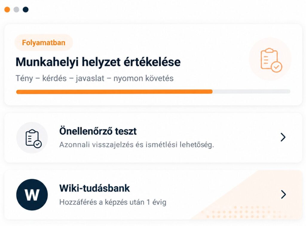 Munkavédelmi képviselő e-learning rendszer felülete önellenőrző teszttel és tudásbázissal