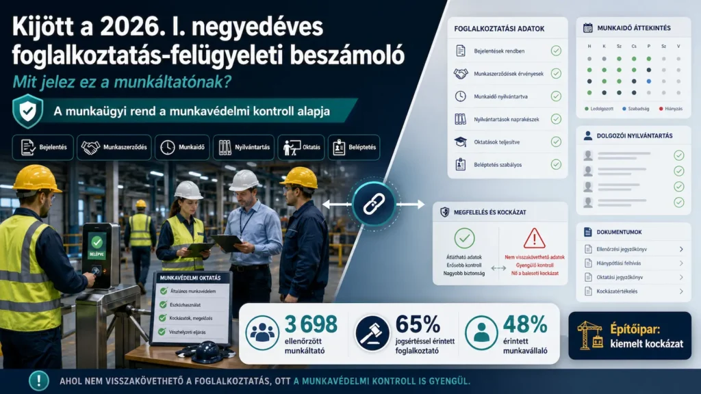 Infografika a 2026. I. negyedéves foglalkoztatás-felügyeleti beszámolóról, amely bemutatja a munkaügyi rend és a munkavédelmi kontroll kapcsolatát.
