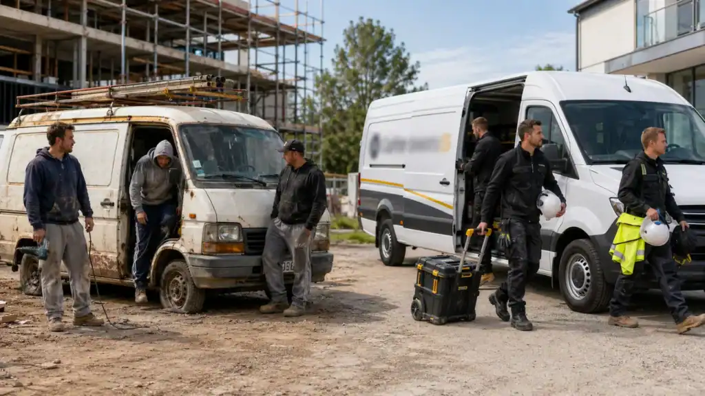 Két kivitelezői csapat összehasonlítása: bal oldalon ütött-kopott munkásautó és rendezetlen megjelenés, jobb oldalon rendezett kisbusz, munkaruha és egyéni védőeszközök.