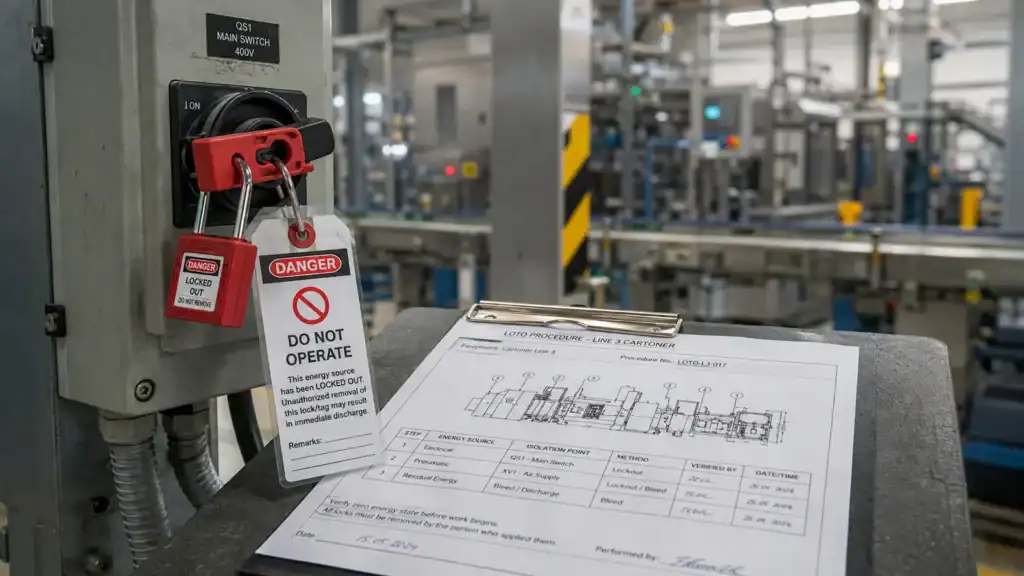 LOTO lakattal kizárt villamos főkapcsoló és energia-leválasztási eljárás egy ipari gépsor mellett