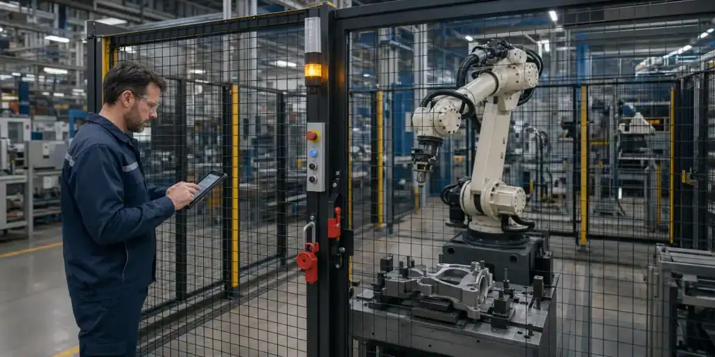 Karbantartó egy leállított ipari robotcella biztonsági ajtajánál hibát ellenőriz.
